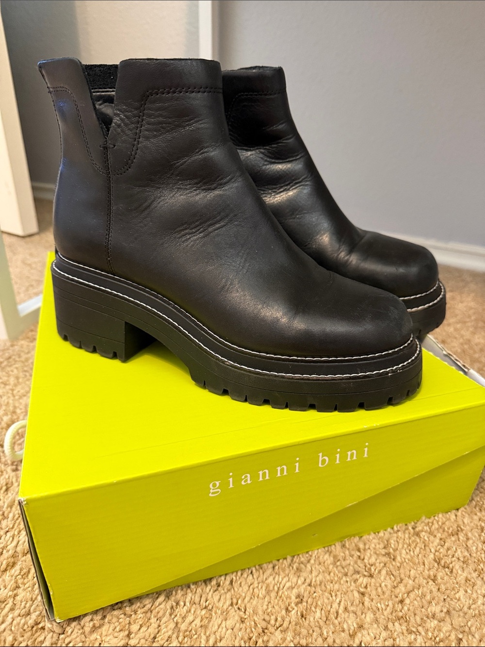Gianni Bini Black Leather Lug Platform Chelsea Booties